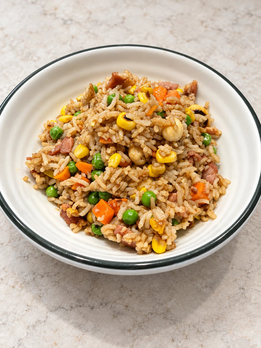 10-Minute Fried Rice Bundle, bacon and cashew fried rice with peas, corn and carrot