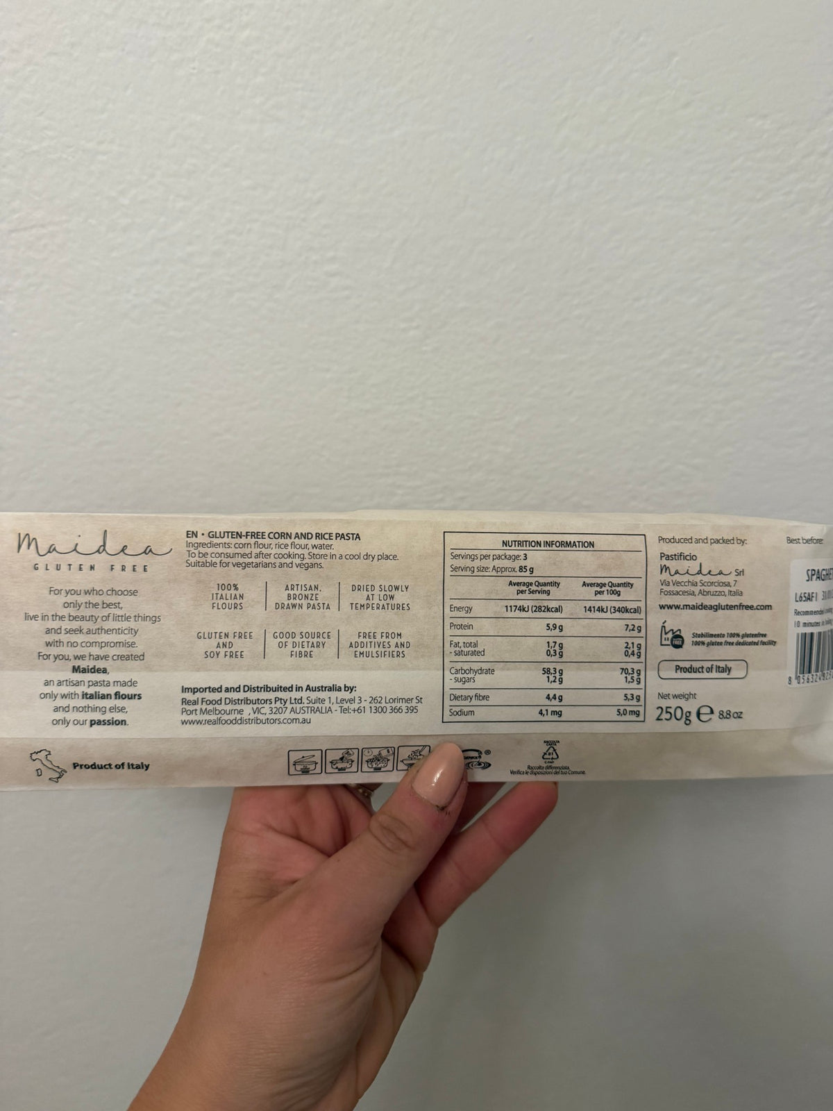 Gluten Free Spaghetti 250g by Maidea - ingredients and nutrition panel