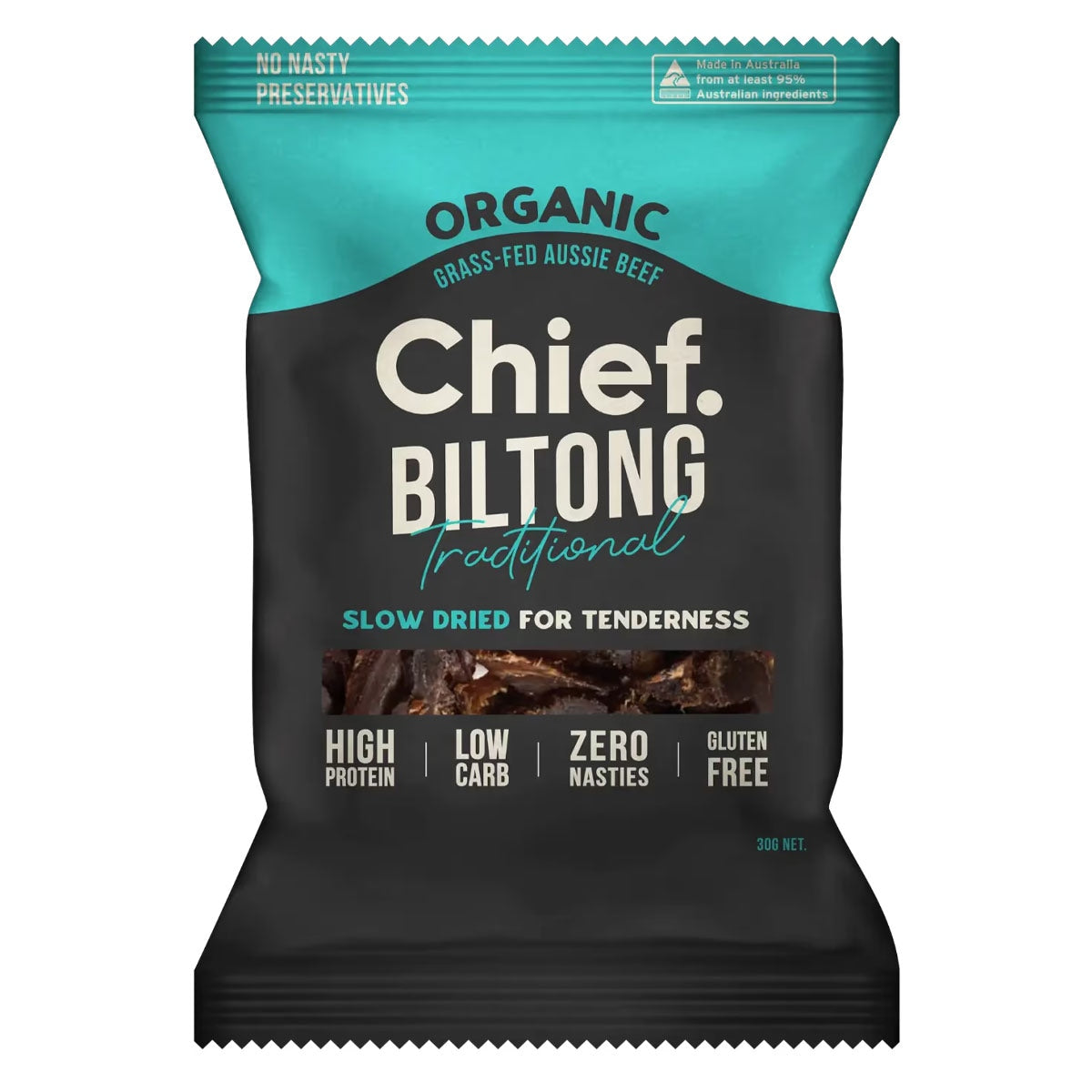 Chief Organic Biltong Traditional 30g bag front of pack