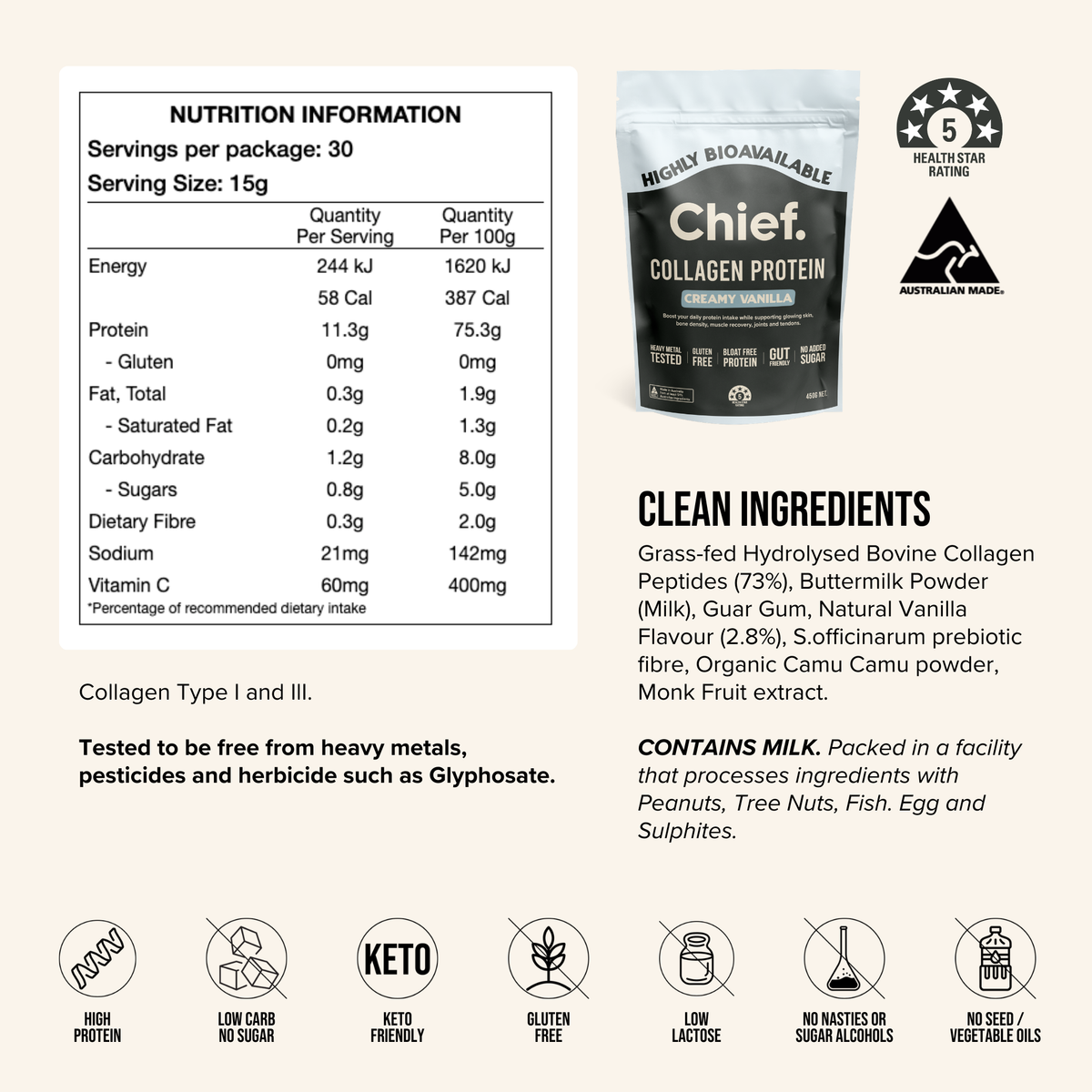 Grass-fed Collagen Protein Powder - Creamy Vanilla: Pouch (30 serves)