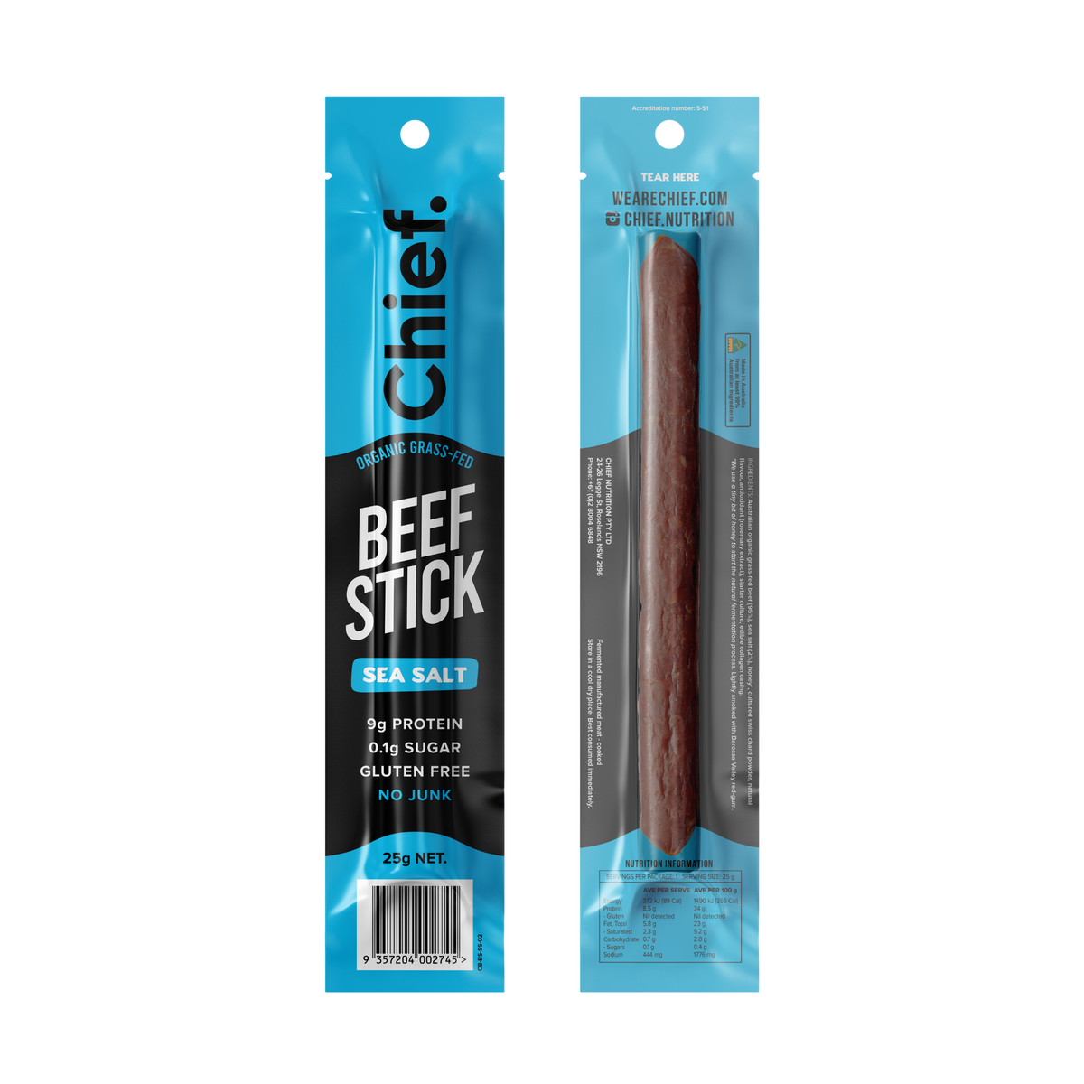Organic Beef Stick - Sea Salt 25g by Chief Nutrition - view 2