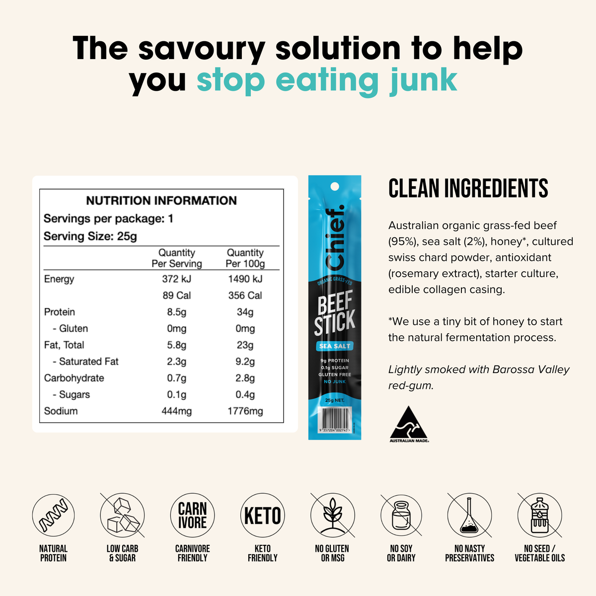 Organic Beef Stick - Sea Salt 25g nutrition information and ingredients