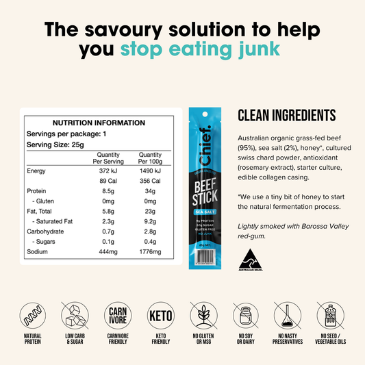 Organic Beef Stick - Sea Salt 25g nutrition information and ingredients