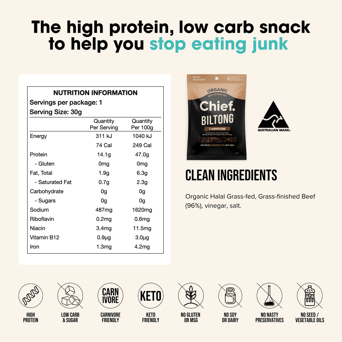 Organic Biltong Carnivore nutrition information and ingredients