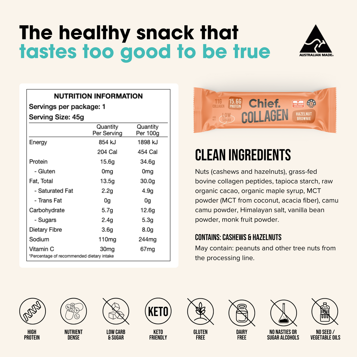 Collagen Protein Bar Hazelnut Brownie nutrition information and ingredients