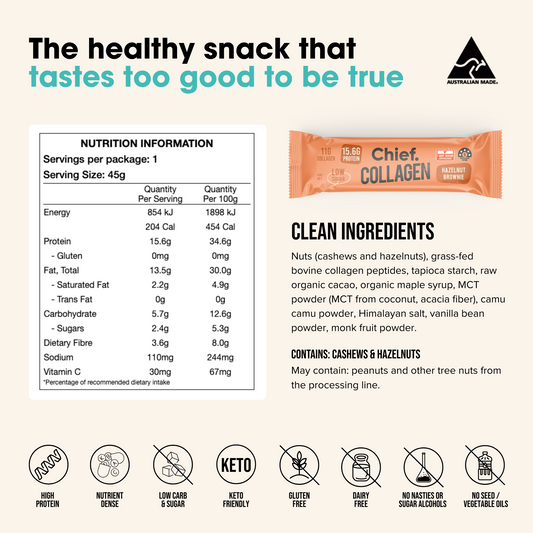 Collagen Protein Bar Hazelnut Brownie nutrition information and ingredients