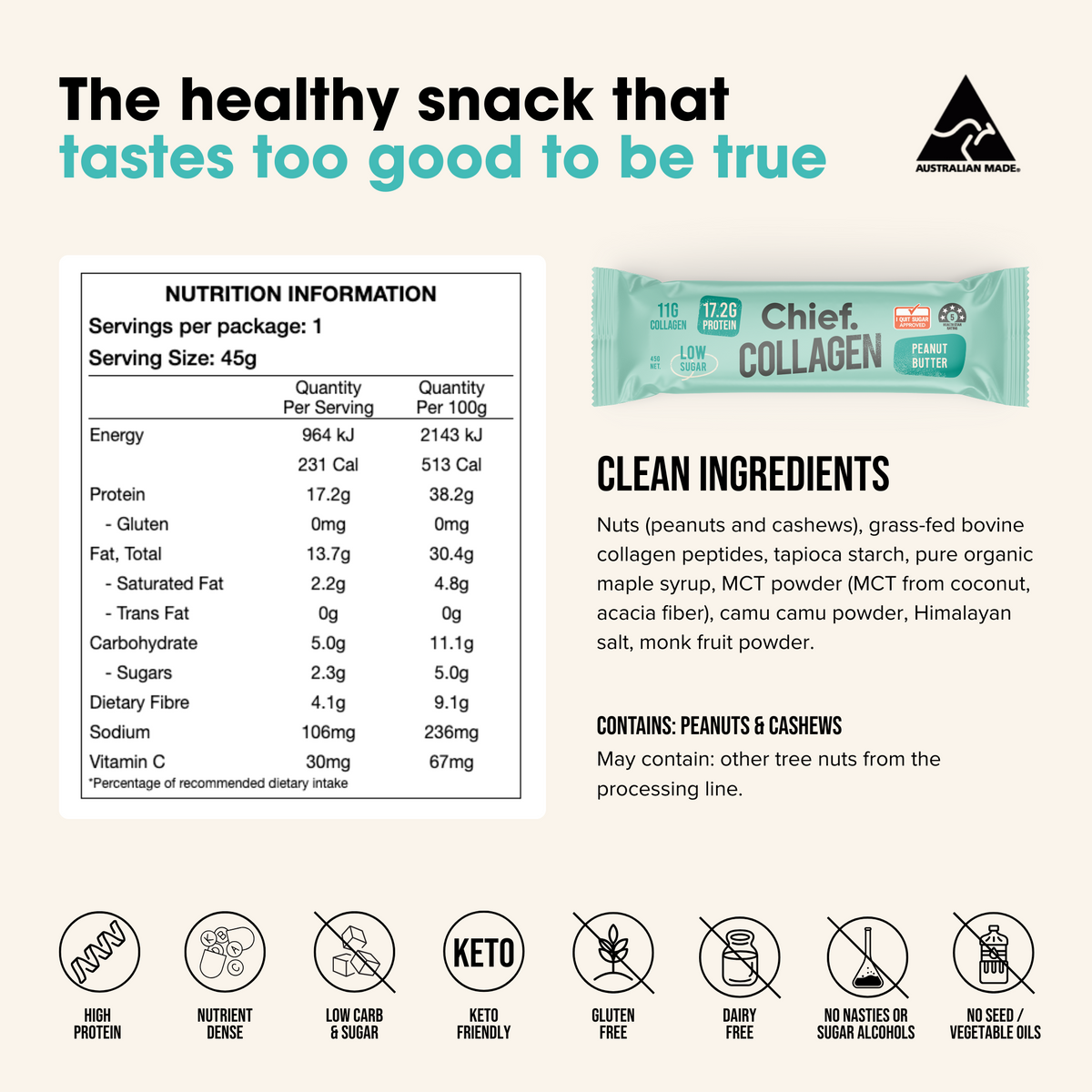 Collagen Protein Bar Peanut Butter nutrition information and ingredients