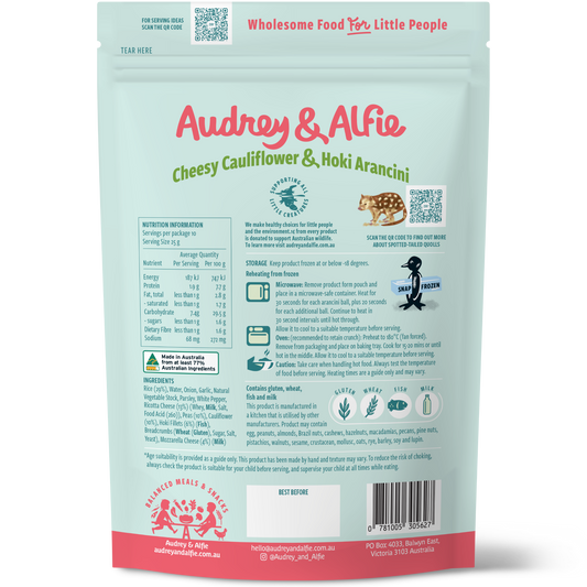 Cheesy Cauliflower & Hoki Arancini by Audrey & Alfie - ingredients and nutrition panel