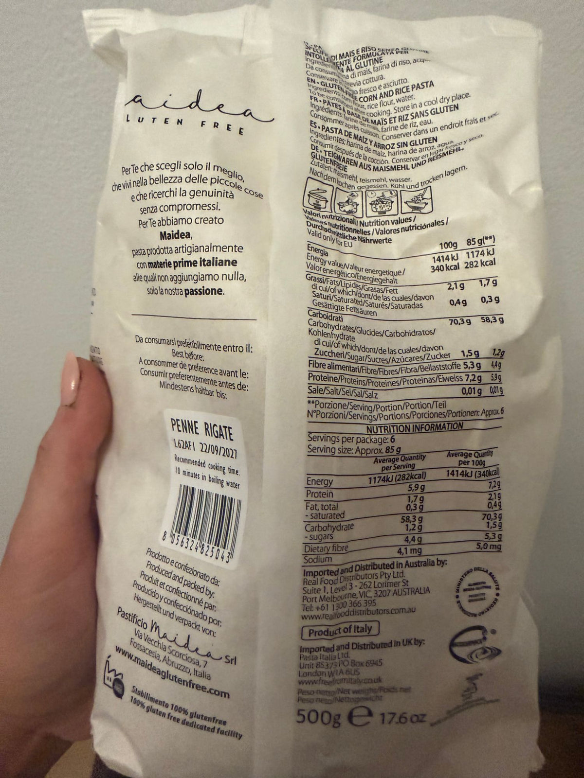 Gluten Free Penne Rigate 500g by Maidea - ingredients and nutrition panel