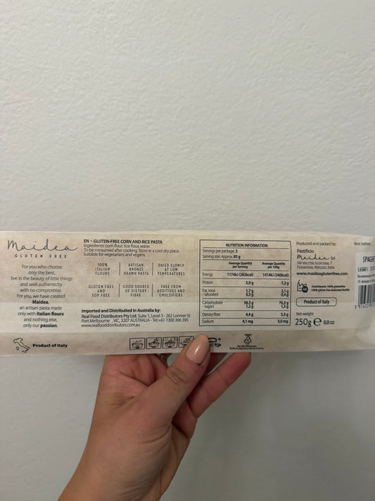 Gluten Free Spaghetti 250g by Maidea - ingredients and nutrition panel