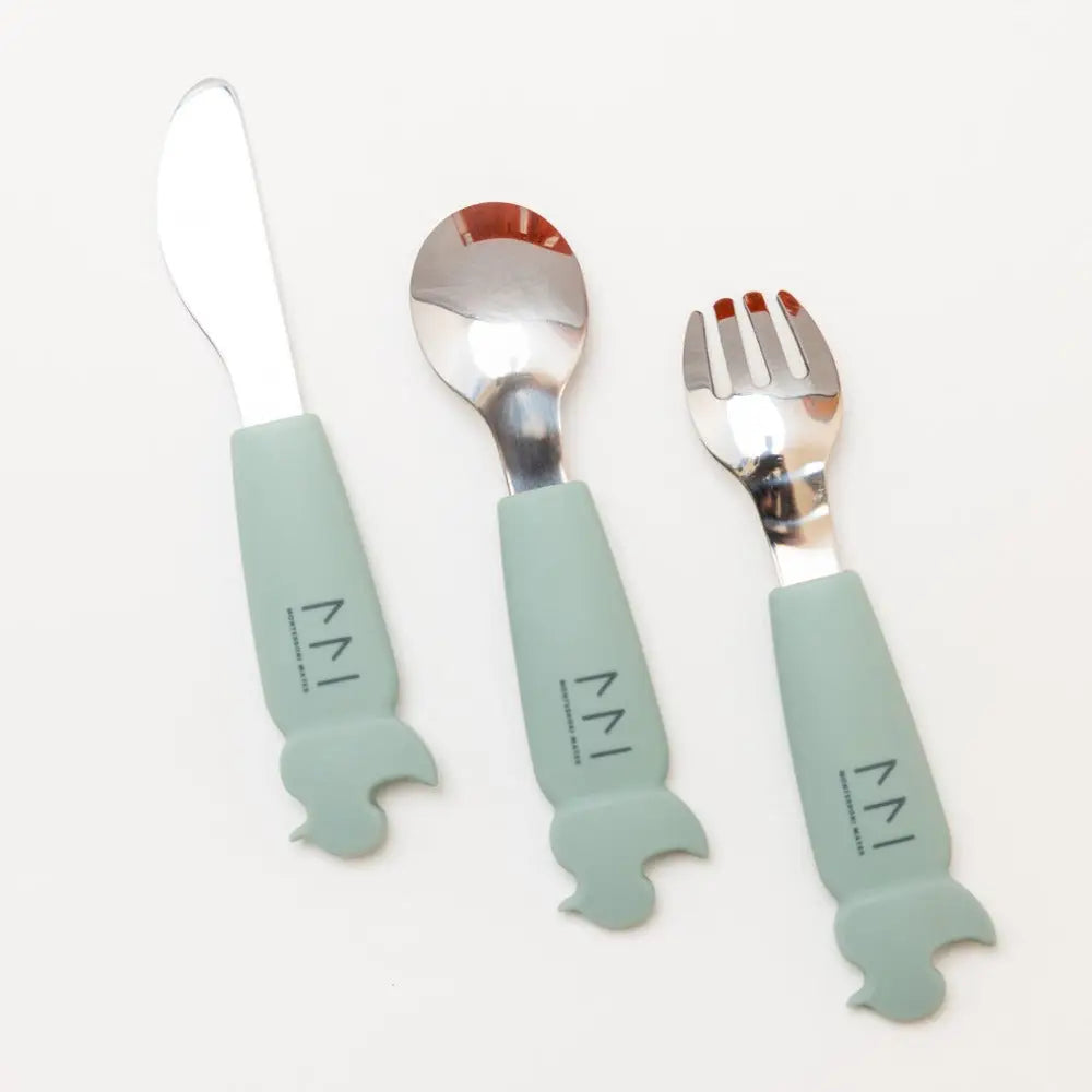 Soft Grip Toddler Cutlery Set - Spoon + Fork + Knife | Euca Green