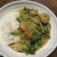 10-Minute Satay Kransky Bundle, satay kransky with green beans and spinach served with basmati rice