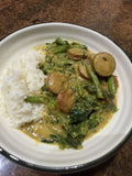 10-Minute Satay Kransky Bundle, satay kransky with green beans and spinach served with basmati rice