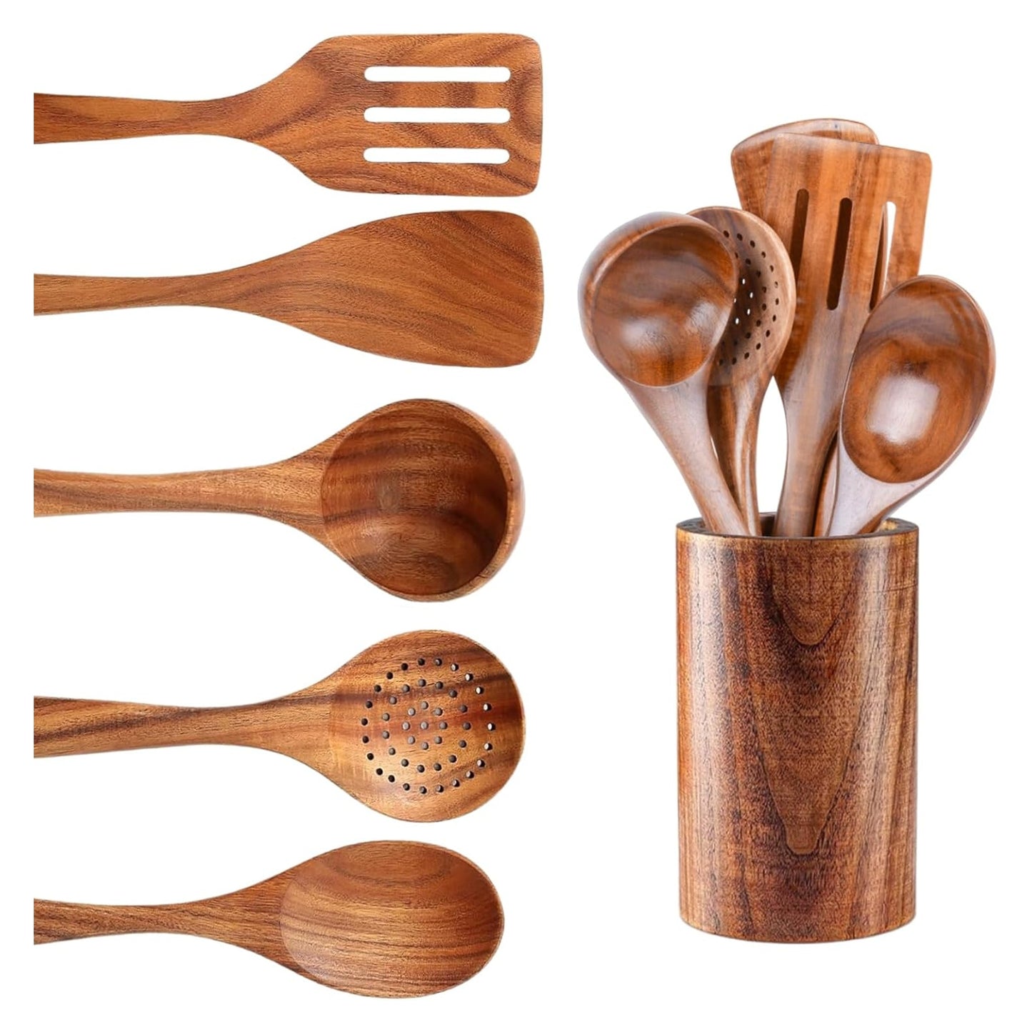 6-Piece Natural Acacia Wood Kitchen Utensil Set with Holder