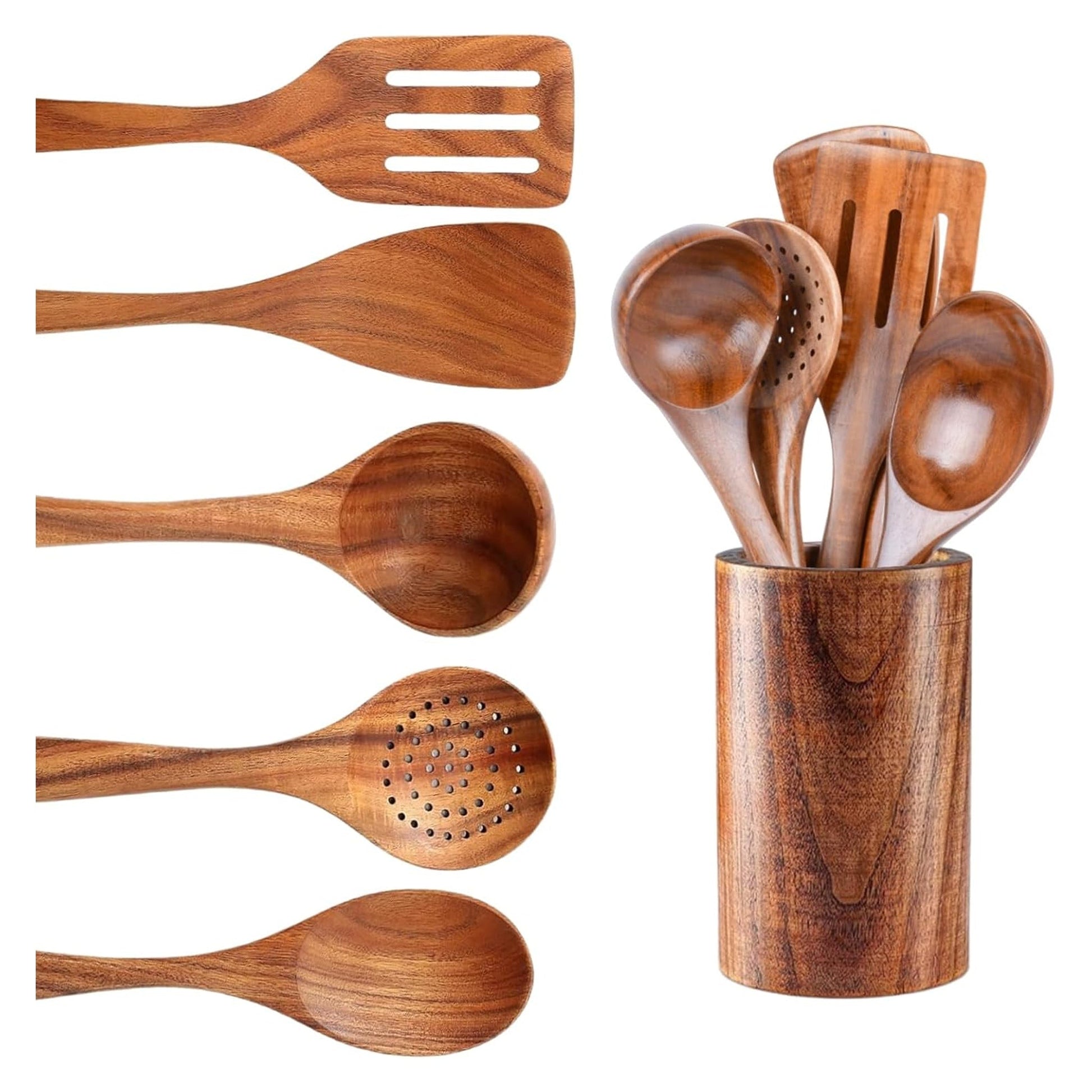 6-Piece Natural Acacia Wood Kitchen Utensil Set with Holder
