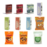 Snack Hamper, organic treats including dark chocolate hazelnuts, stuffed Medjool dates, marshmallows, popcorn, granola bites and coconut chips